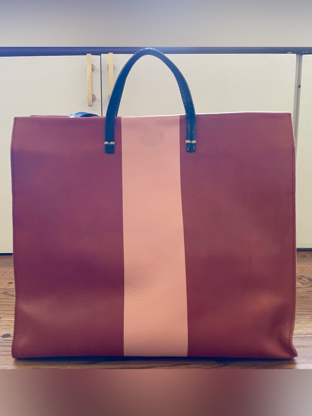 Clare V Burgundy Tote with Pale Pink Center Stripe
